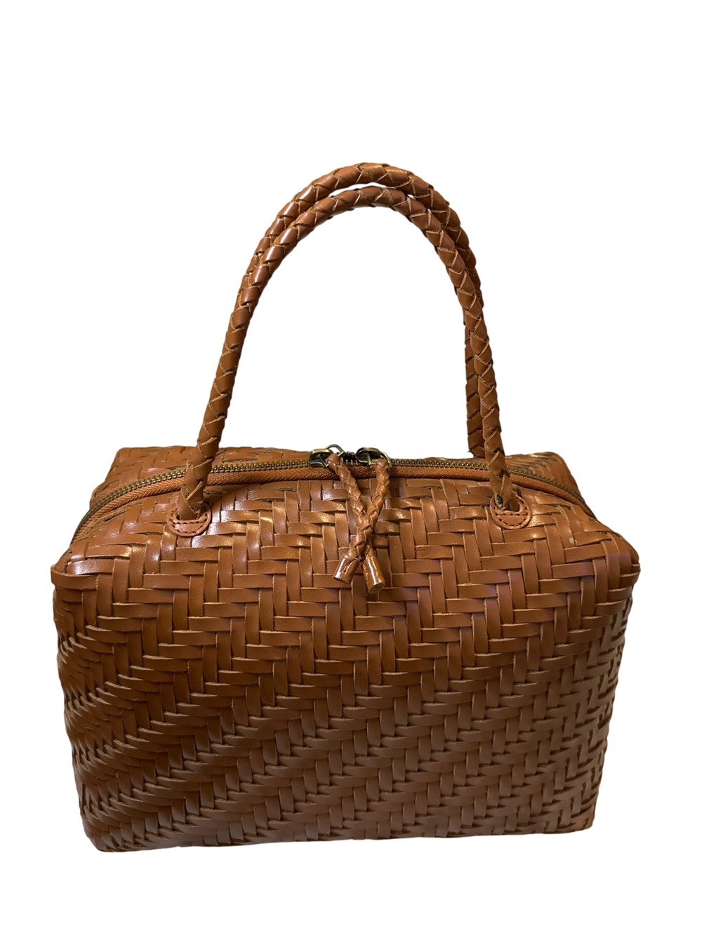 Bembien Woven Leather Bowler Satchel in Tan, EUC